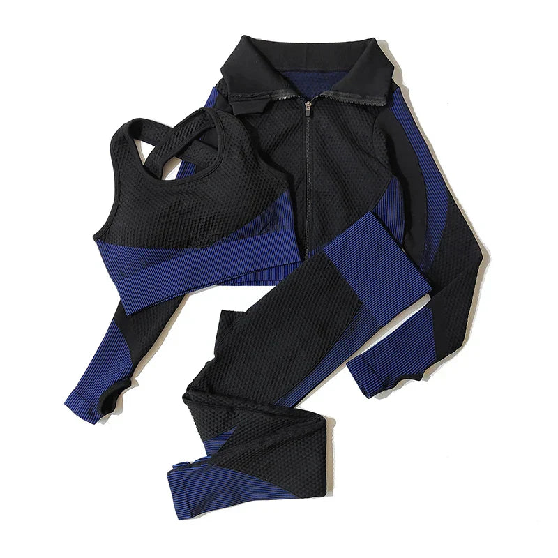 2/3Pcs Women Yoga Suit Seamless Knitted Yoga Pants Leggings Clothing Zipper Long Sleeve Crop Top Fitness Wear Sportswear Gym Set