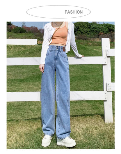 Y2K Woman Jeans High Waist Wide Leg Cotton Denim Clothing Blue White Streetwear Vintage Fashion Harajuku Straight Pants