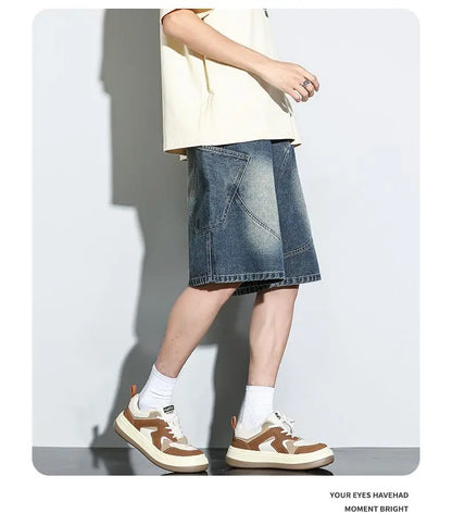 Summer New Baggy Denim Shorts Fashion Casual Straight Harajuku Jeans Male Vintage Wash Drawstring Short Pants Streetwear