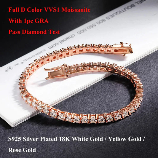 Bracelet de tennis en moissanite Real D Color Full 2/2.5/3/4/5/6.5mm pour femmes S925 plaqué or rose 18K avec maillons en diamant