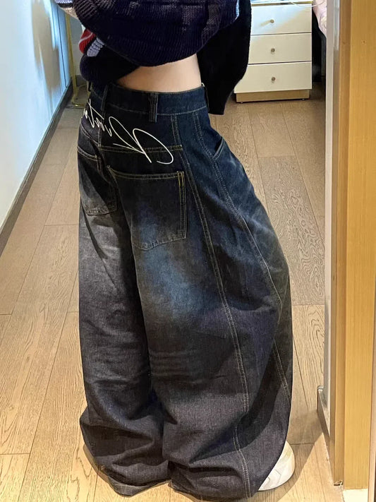 Casual Womens Y2K Loose Baggy Jeans Blue Washed High Street Vintage Cargo Pants Wide Leg Oversized Trousers Y2K Pants