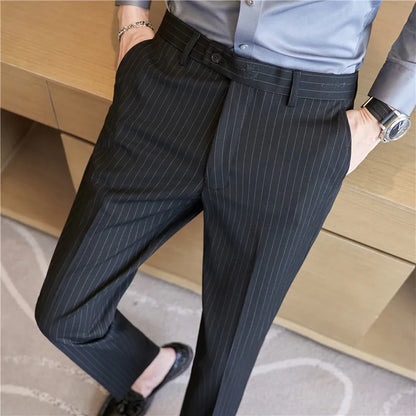 New Korean Style Fashion Striped Embroidery Suit Pants Men's Business Slim Casual Straight Pants Formal Wedding Party Trousers