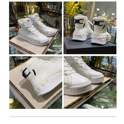 American European Fashion Casual Shoes Men High-top Sneaker Boots Cowhide Comfortable Leather Ankle Boots Lace-up Flat Trainers