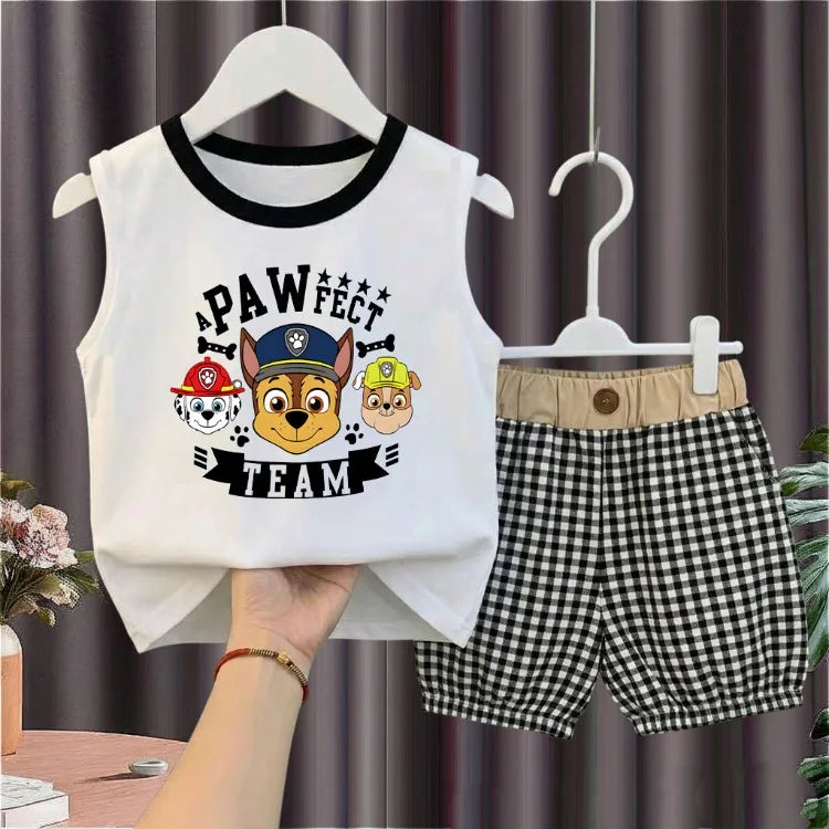 2026 Summer Children's Casual Outfits PAW Patrol Printed Boys Plaid Shorts Sets Kids Sleeveless Vest Bottom Two Piece New