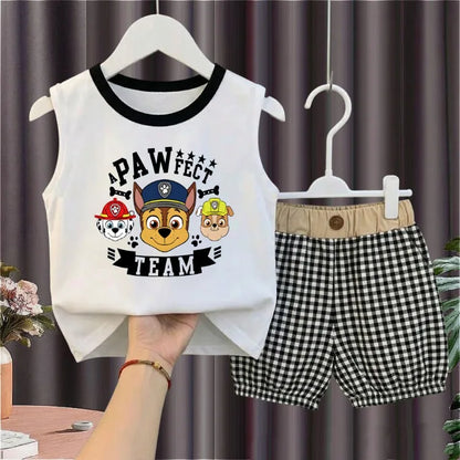 2026 Summer Children's Casual Outfits PAW Patrol Printed Boys Plaid Shorts Sets Kids Sleeveless Vest Bottom Two Piece New