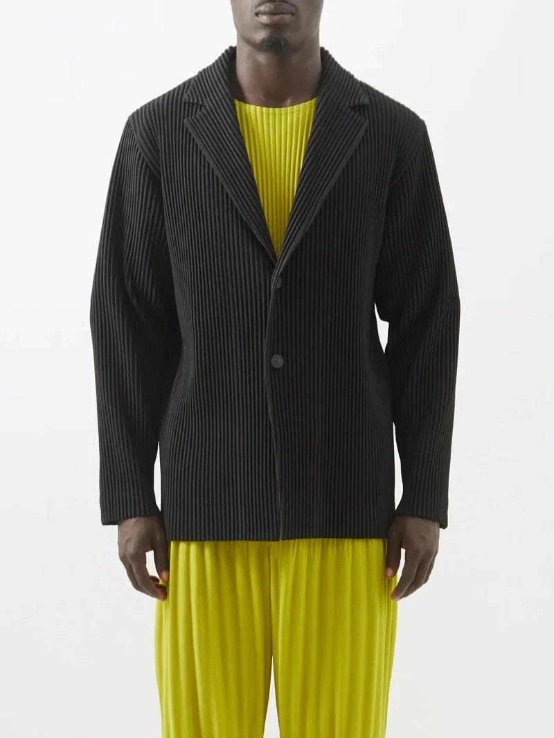 Miyake Pleated Men New Office Black Blazer Luxury High Fashion Suits Partially Lined Autumn Winter Coat