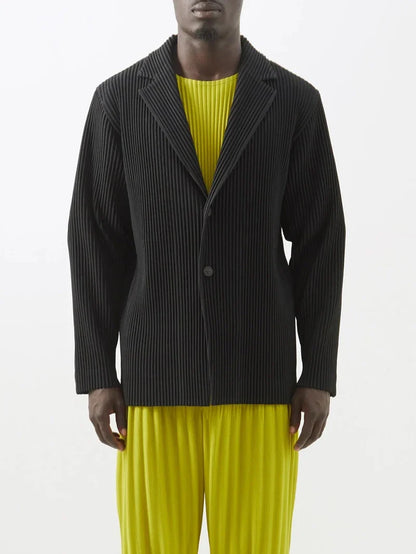 Miyake Pleated Men New Office Black Blazer Luxury High Fashion Suits Partially Lined Autumn Winter Coat