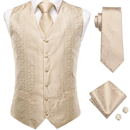 Fashion Silk Vest For Men Classic Gold Champane Yellow Waistcoat Jacket Tie Hankerchief Cufflinks Sets Dress Suit Wedding Hi-Tie