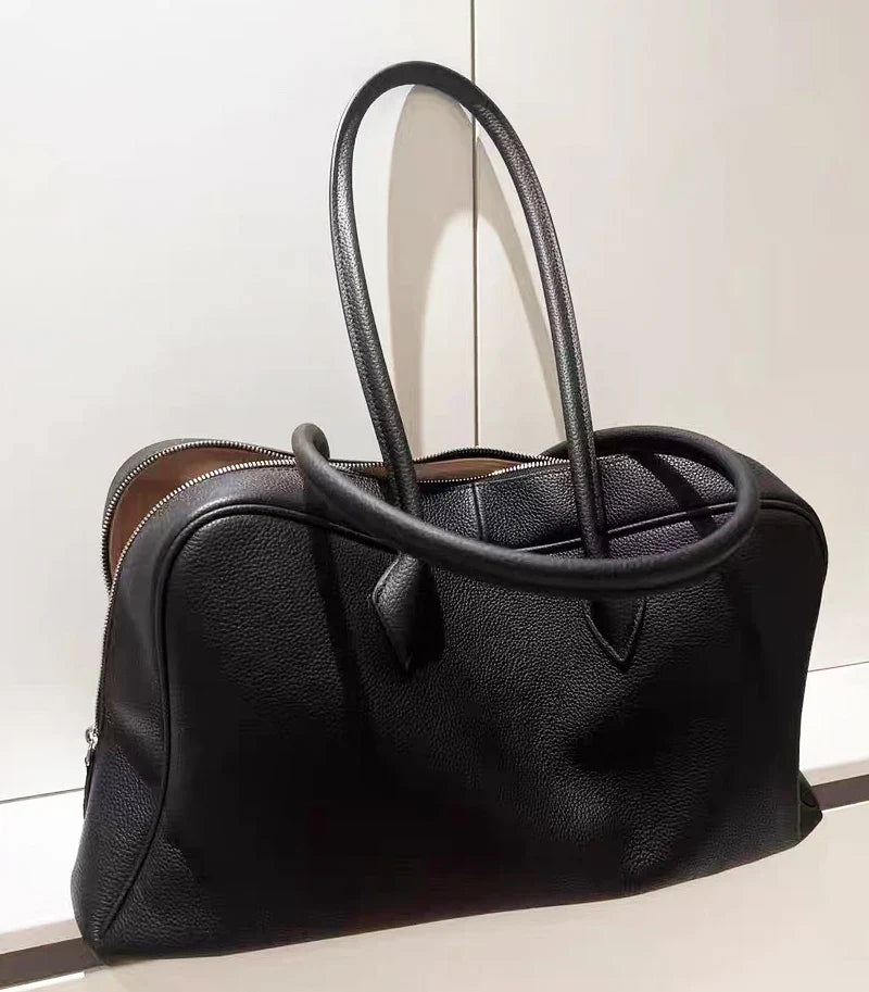 Genuine Leather Bowling Bags For Women Luxury Designer Handbags And Purses 2025 New In Cowhide Lychee Texture Underarm Shoulder