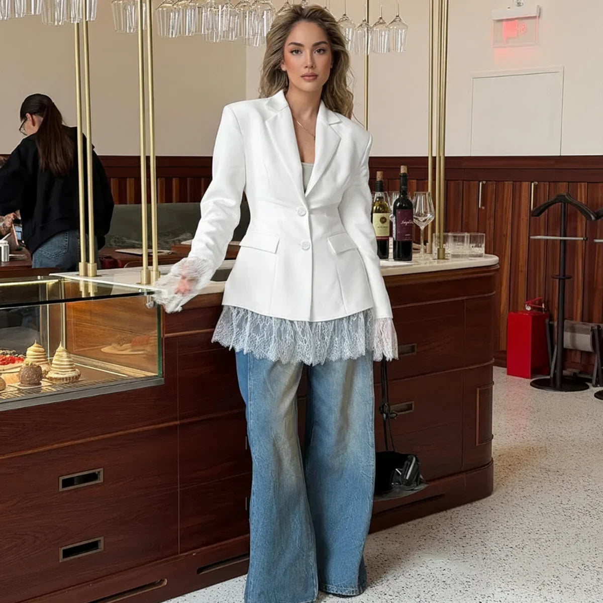 Elegant Lace Blazer Coat Women Fashion Office Lady Full Sleeve Single Breasted Jackets 2025 New Autumn Black Casual Slim Coats
