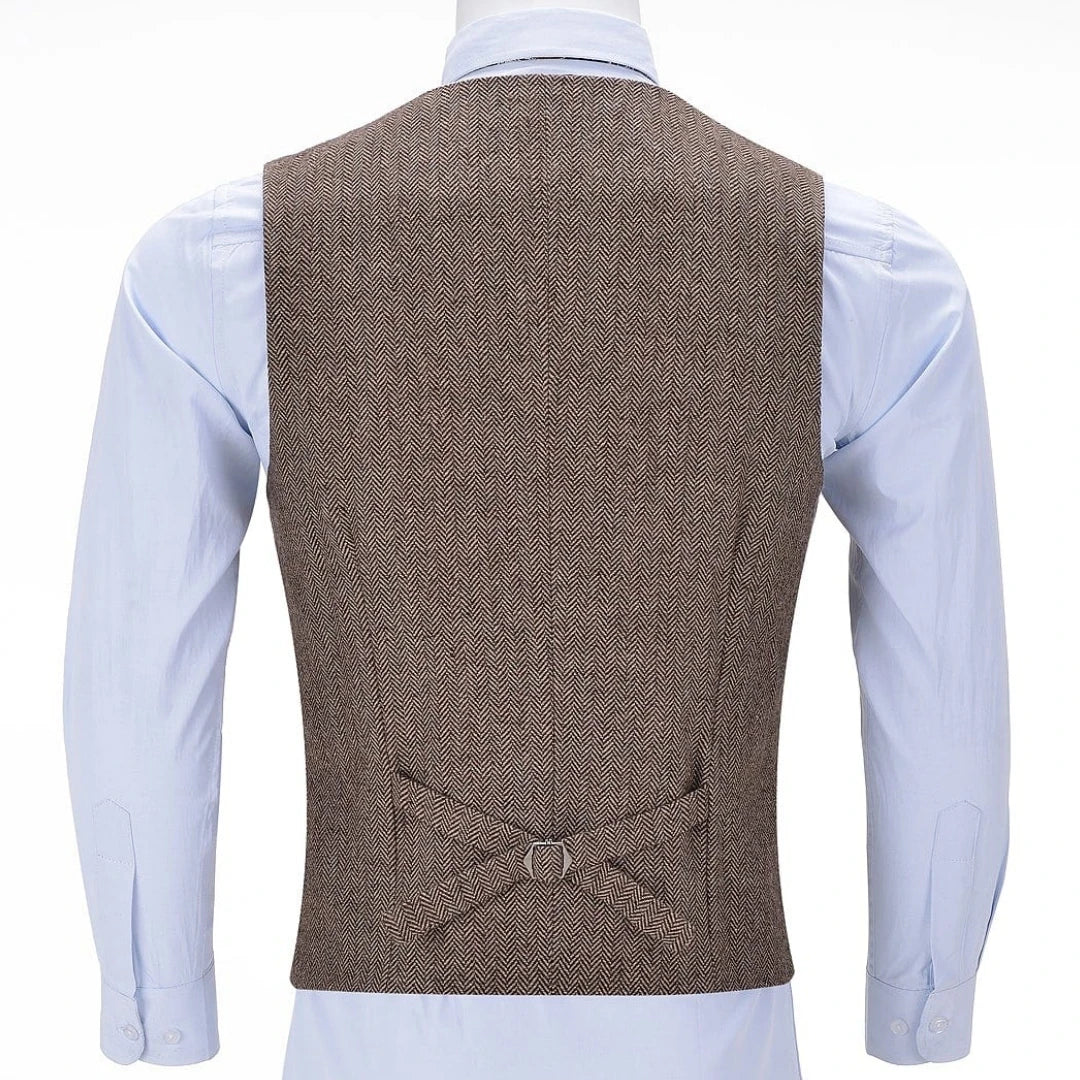 Men Vest Brown Herringbone Single Button V Neck Solid Waistcoat For Business Banquet Work Casual Daily Men Suit Vest