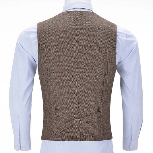 Men Vest Brown Herringbone Single Button V Neck Solid Waistcoat For Business Banquet Work Casual Daily Men Suit Vest