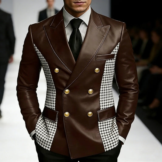 Men’s Brown Leather Blazer With Houndstooth Sides Vintage Two-Tone Double Breasted Slim Fit Gold Buttons Leather Tuxedo Jacket