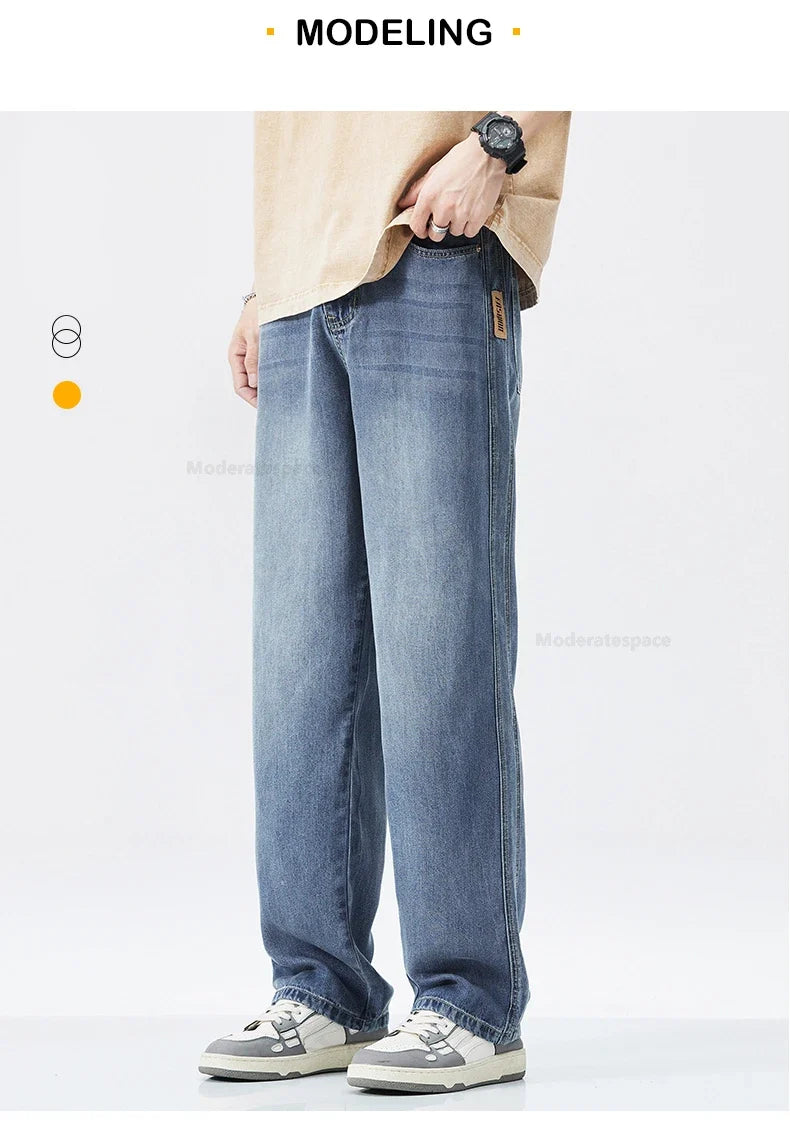 Stretch Jeans Men's 2024 New Lyocell Fabric High Quality Soft Loose Wide Pants Elastic Waist Casual Denim Trousers Streetwear