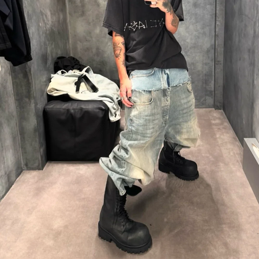 Double-layer Double Waist Patchwork Baggy Jeans for Men and Women Straight Casual Loose Denim Trousers Oversized