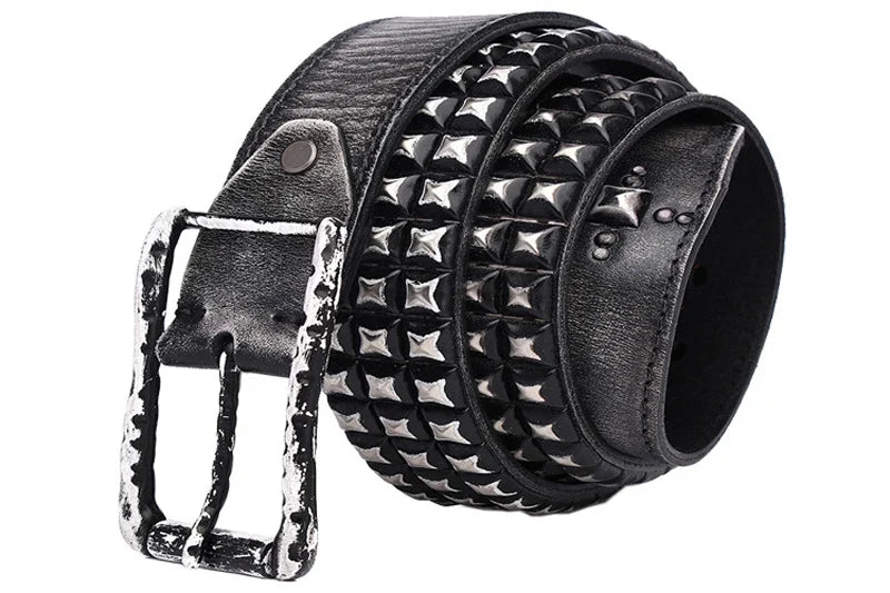 3.8CM Retro Real Genuine Leather Belt Luxury Thick Rivet Belts Men Leather Vintage Strap Male Wide Jeans Ceinture Black Waist