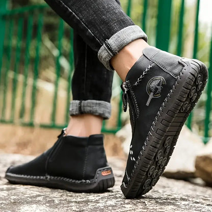 Classic Handmade Leather Men Shoes Zipper Design Outdoor Sneakers Slip On Breathable Casual Shoes Leather Men Ankle Boots