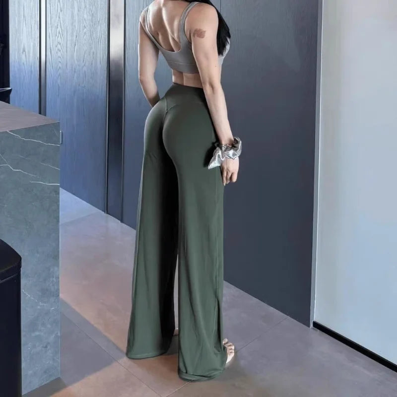Gym Workout Wide Leg Leggings Ultra Soft High Waist Tummy Control Loose Yoga Pants Women Hip Lifting Straight Sports Trousers