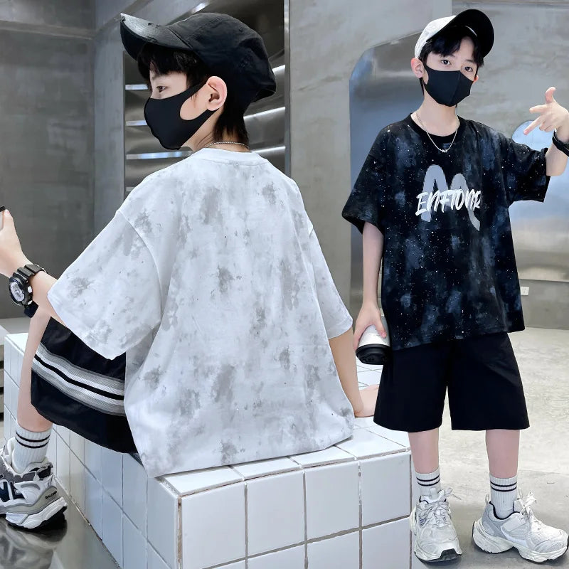New Casual Boys Cotton Top summer Bottoms Clothes Set for Teenager Child Fashion Outfit Kids T-shirt Shorts Two Pieces Clothing