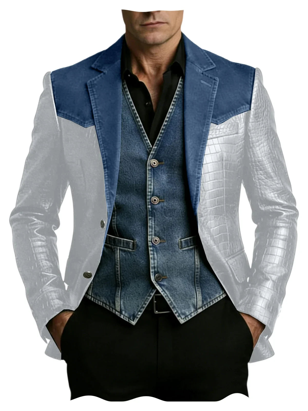 Men's Patchwork Denim & Crocodile Leather Blazer Two-Tone Western Style Suit Jacket Vintage Casual Fashion Coat