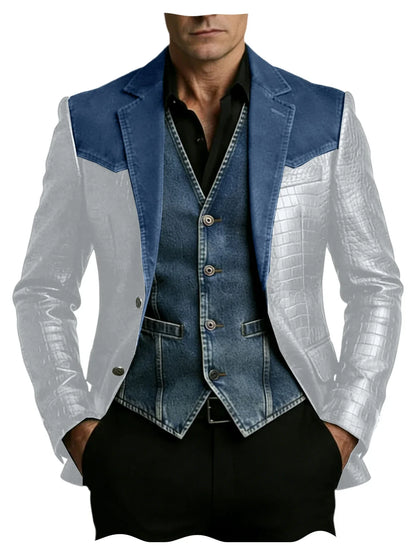 Men's Patchwork Denim & Crocodile Leather Blazer Two-Tone Western Style Suit Jacket Vintage Casual Fashion Coat
