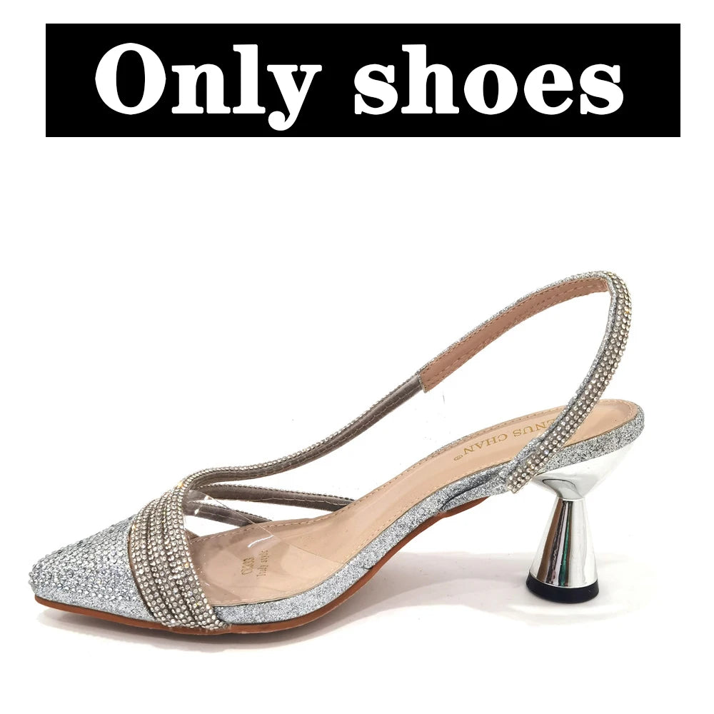 Italian Pointed Toe Wedding Shoes Gold Color Summer Sandal for Women 2023 High Heels Rhinestone Shoe and Bag Set