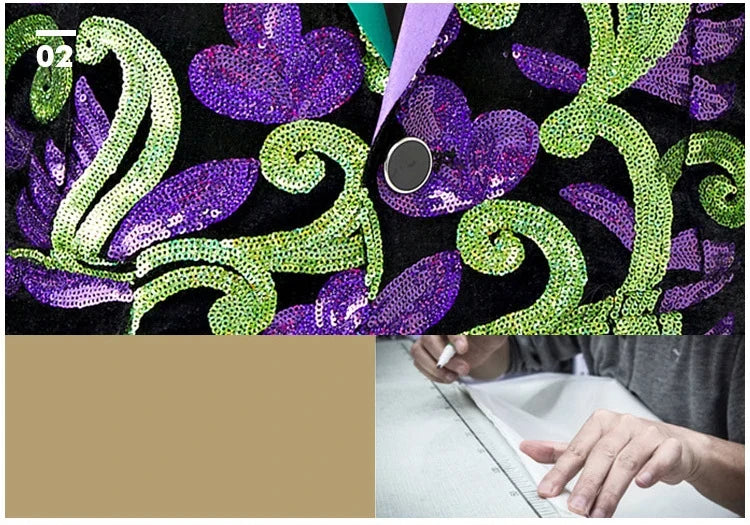 2024 New Flat Velvet Large Flower Sequin Jacquard Mens Blazer, Purple  Stage Performance Suit Dress, Host Fashion Show Jacket