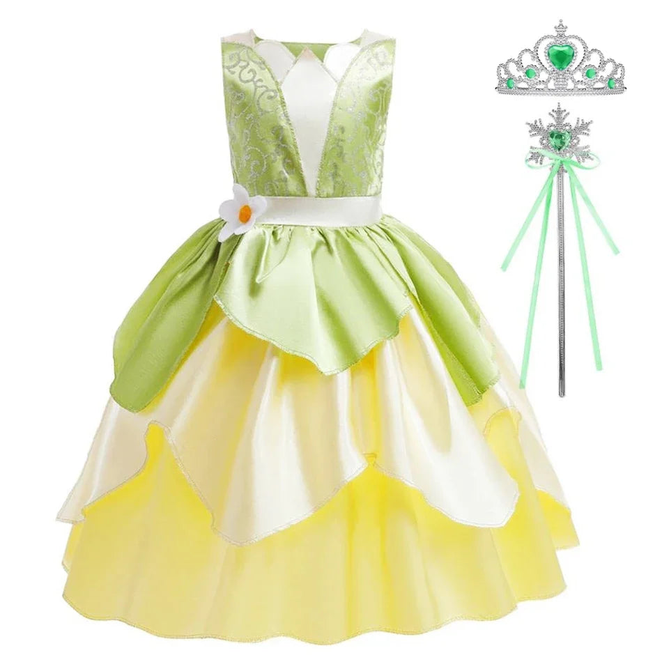 Tiana Costume Girl Dress Up Princess Girls Cosplay Role Playing Party Costumes Children Sleeveless Carnival Princess  Dresses