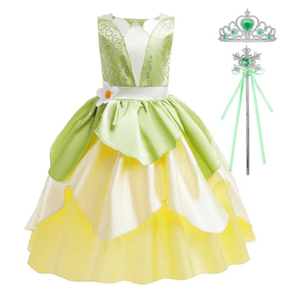 Tiana Costume Girl Dress Up Princess Girls Cosplay Role Playing Party Costumes Children Sleeveless Carnival Princess  Dresses