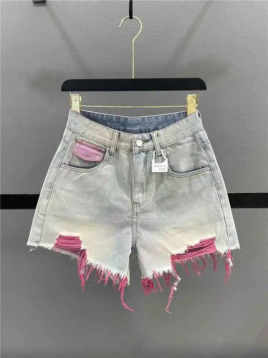 Korean Style Pink Hole Denim Shorts Women Summer New High Waist Raw Edge A-line Hot Girls Shorts Fashion Niche Slim Hot Pants