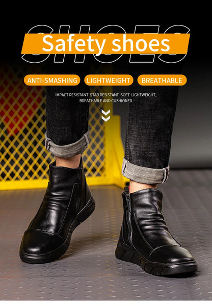 Fashion 2025 Black Leather Safety Work Shoes for Men Indestructible Steel Toe Cap Anti Nail Anti Slip Male Boots Footwear