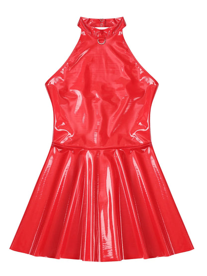 Womens Glossy Patent Leather Glossy Mini Skater Dress Halter Backless Bodycon Lingerie A-Line Dresses Rave Disco Party Clubwear