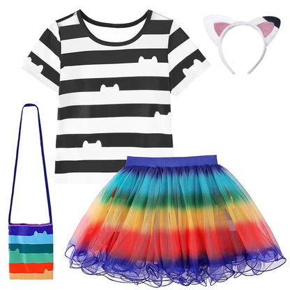 Carnival Party Children Black And White Stripe T-Shirt+Skirt+Bag Sets Kids Cartoon Cats Cosplay Costume Party Outfits 4-8Y