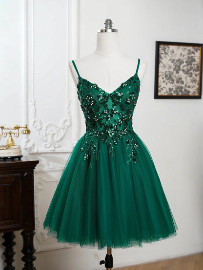 Sling Evening Dresses Sexy Spaghetti Straps V-Neck Illusion Sequins Appliques Prom Dress A-Line Train High Split Gowns