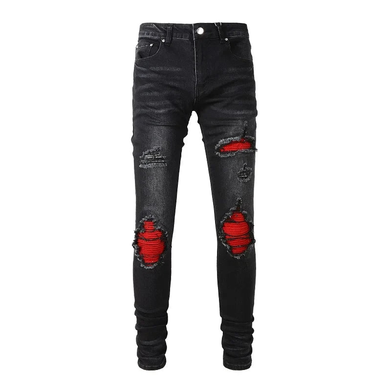 Men's Cracked Red Pleated Patch Biker Jeans Streetwear Patchwork Stretch Denim Pants Skinny Tapered Black Trousers