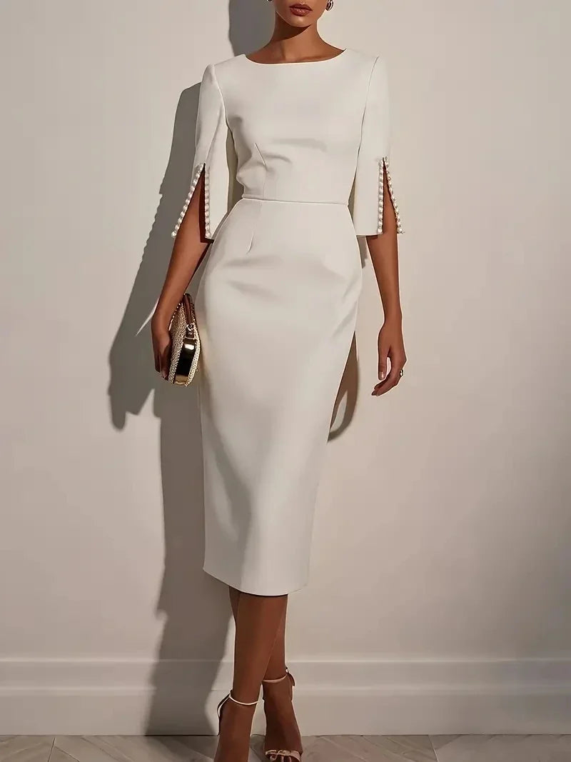 Women's Solid Color Elegant Round Neck Half Sleeve Beaded Decorated Slim Fit Midi Dress