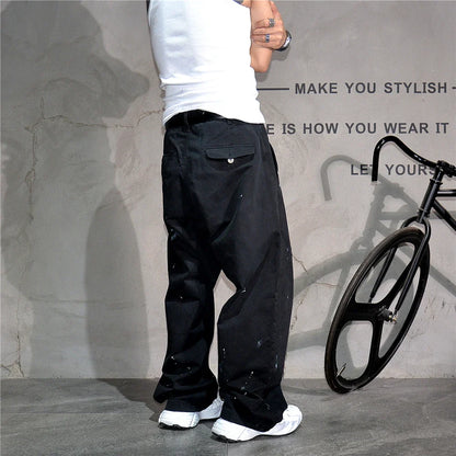 ‌Japanese Premium Vintage Distressed Paint Splash Cargo Pants Men Streetwear Loose Casual Straight Leg Haram Trousers Trendy