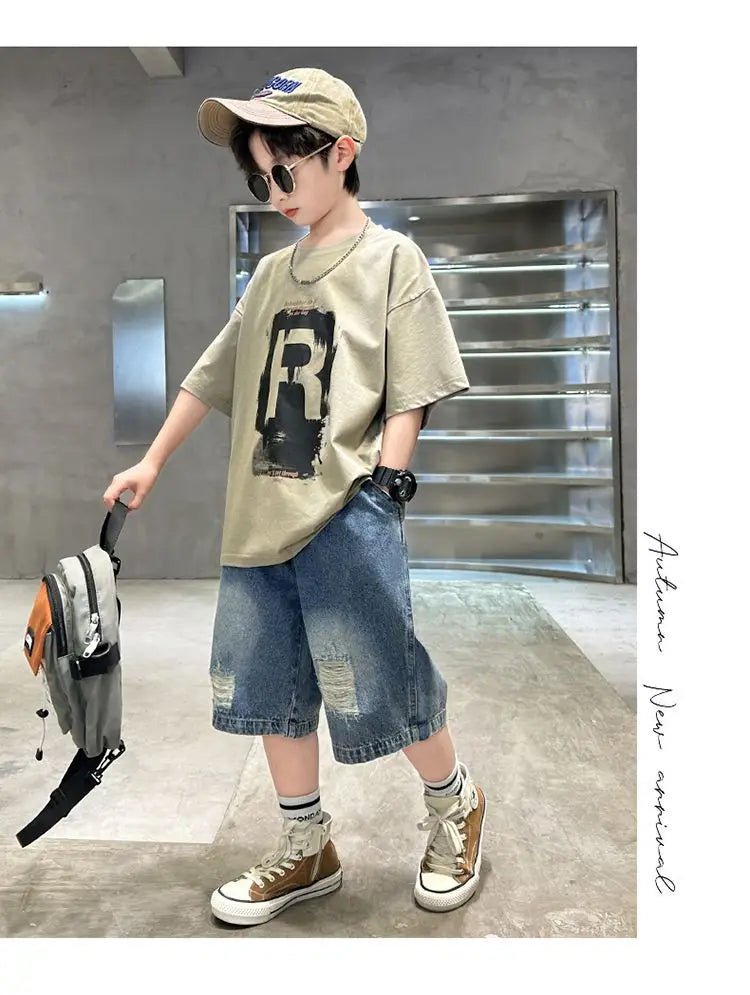 New Boys Fashion Summer 2pcs Cotton T-shirts+Denim Shorts Sporty Suits Teenage Kids Korean Style Outfits Sets Children Clothes
