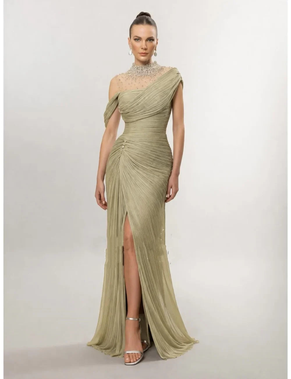 Customized Sparkle Matching Chiffon Beading Sequined Rhinestone Draped Mermaid High Collar Floor-Length Evening Dresses