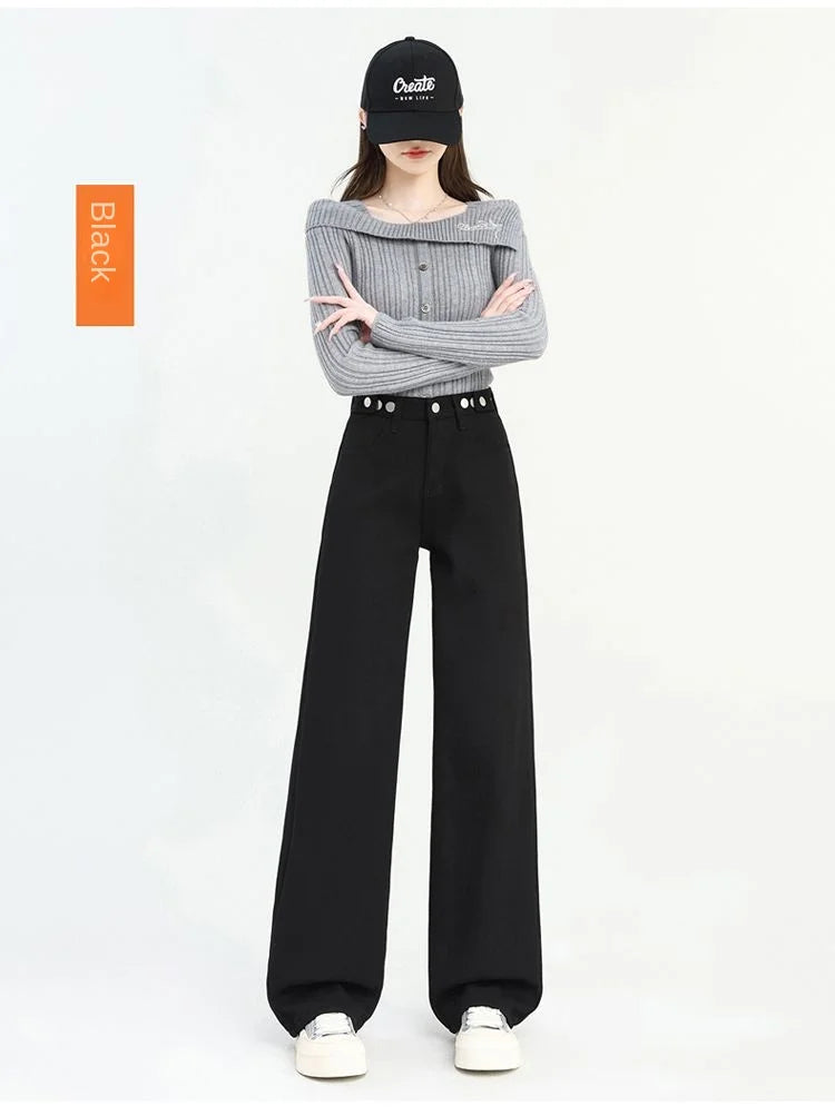 Winter Thick Warm Womens High Waist Jeans Fleece Lined Loose Fit Wide Leg Trousers Korean Style Stretchy Adjustable Waist  Jeans