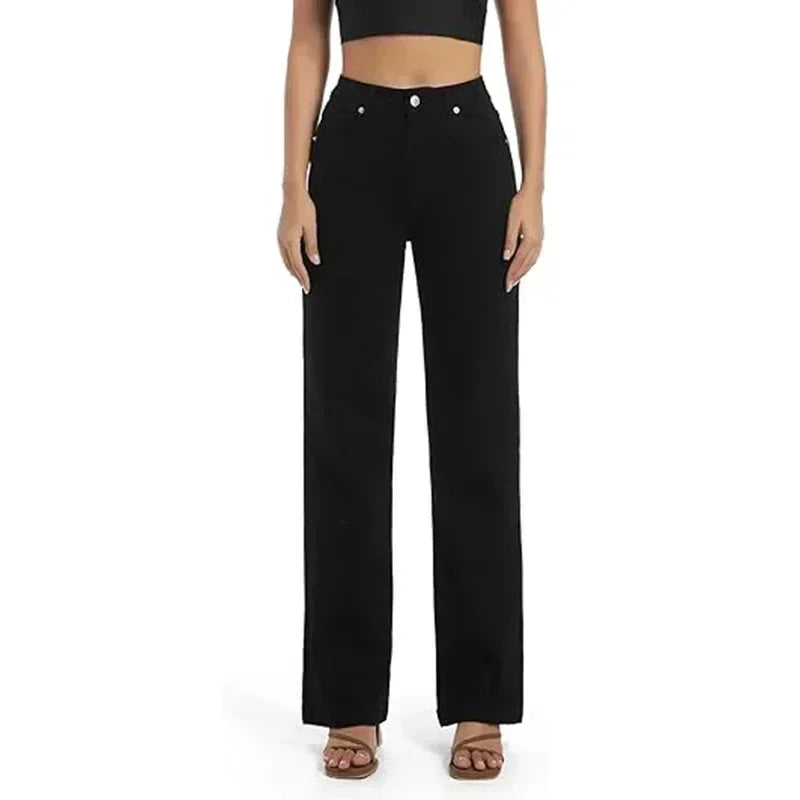 Girls Casual Loose Fit High Waisted Jeans Female Straight Leg Stretch Denim Pants Lady Comfortable Solid Basic Cheap Trousers