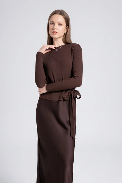 AS 2024 woman clothes thicken ribbing closed-fit wrap tops + Satin Adjustable straps dress (ship out in 1 day)