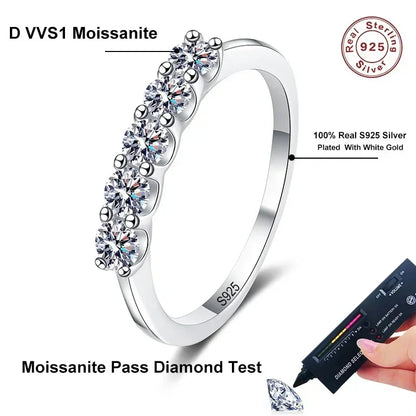 Full 3mm Moissanite Ring for Women S925 Sterling Silver Rings with White Gold Plated 5 Stone Lab Diamond Wedding Band