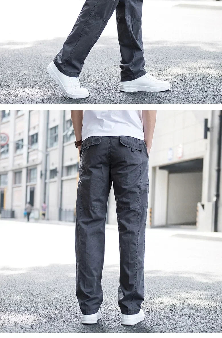 Men Cargo Trousers Casual Pants Straight Leg Work Pants Men Spring Summer Cotton Loose Casual Cargo Overalls Male Multi Pockets
