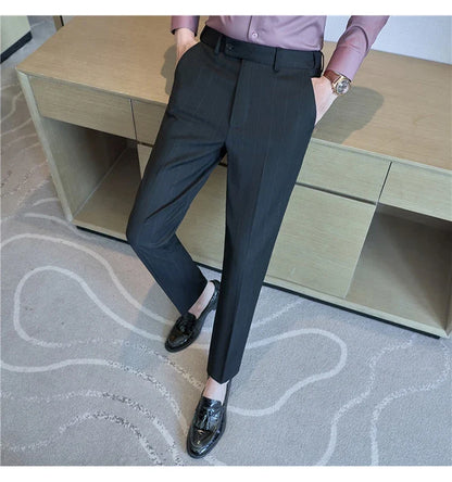 Autumn Winter New Thickened Wool Striped Suit Pants Men's High Qualitys Elastic Waist Slim Fit Business Casual Trousers 38-29