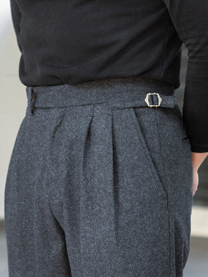 Dark Gray Cashmere Fabric Asymmetric Parisian Button Loose Straight-Leg Casual Pants Men's Trousers Retro Style Versatile