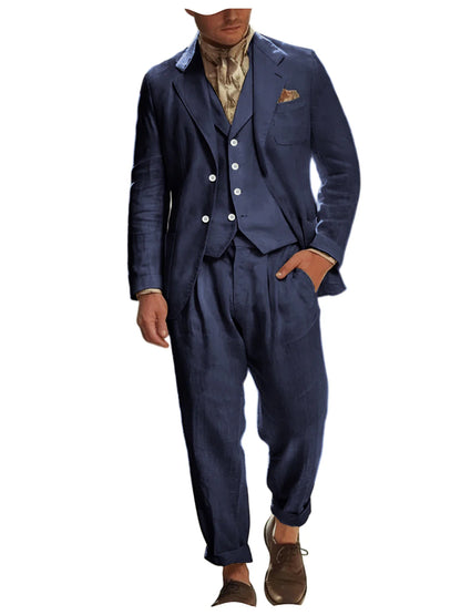 Italian Style Men's Linen 3 Piece Set Notch Lapel 2 buttons Blazer+Vest+Pants Breathable Lightweight Summer Casual Business Suit