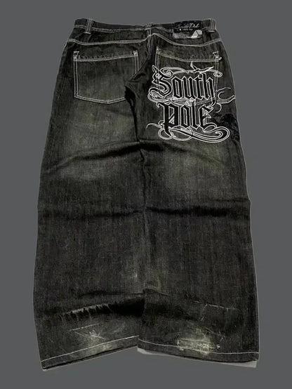 American New Fashion Oversize Pattern Embroidered Baggy Jeans Men Y2K Gothic Harajuku Hip Hop Straight High Waist Wide Leg Pants