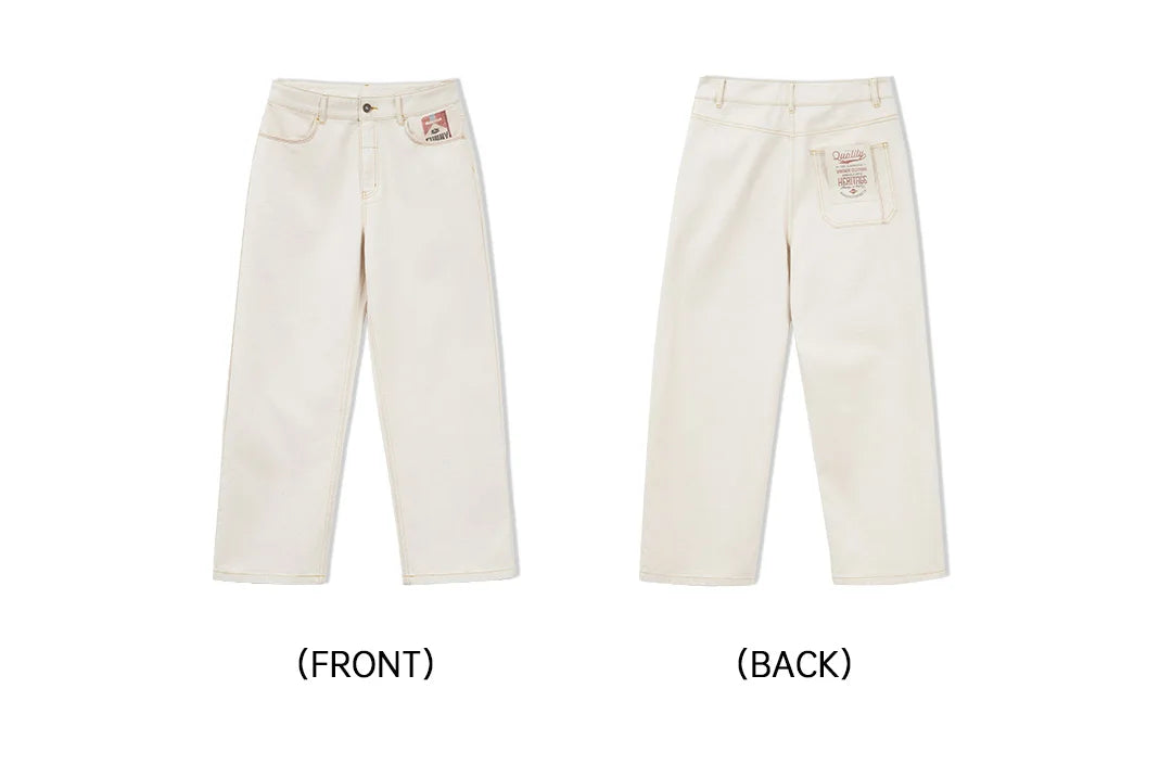 Men's Vintage Heavyweight Washed White Jeans Straight 100% Cotton CleanFit Casual Pants with Zip Fly for Spring and Autumn