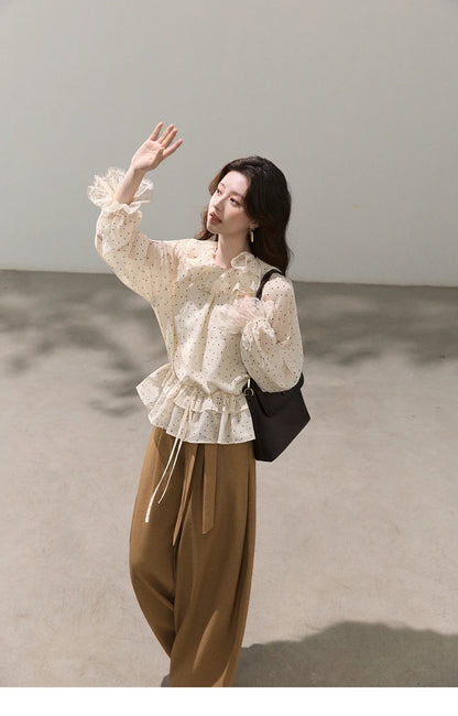 Retro Polka Dot Ruffle Chiffon Blouse 2026 Spring New Apricot Lace Cuffs Design Top Gentle Tie Shirt for Women MXF13X2530